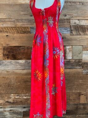 Stunning Vintage 90s Bali Batiks Hand Painted Resort Wear Maxi Dress ❤️ sz L EUC